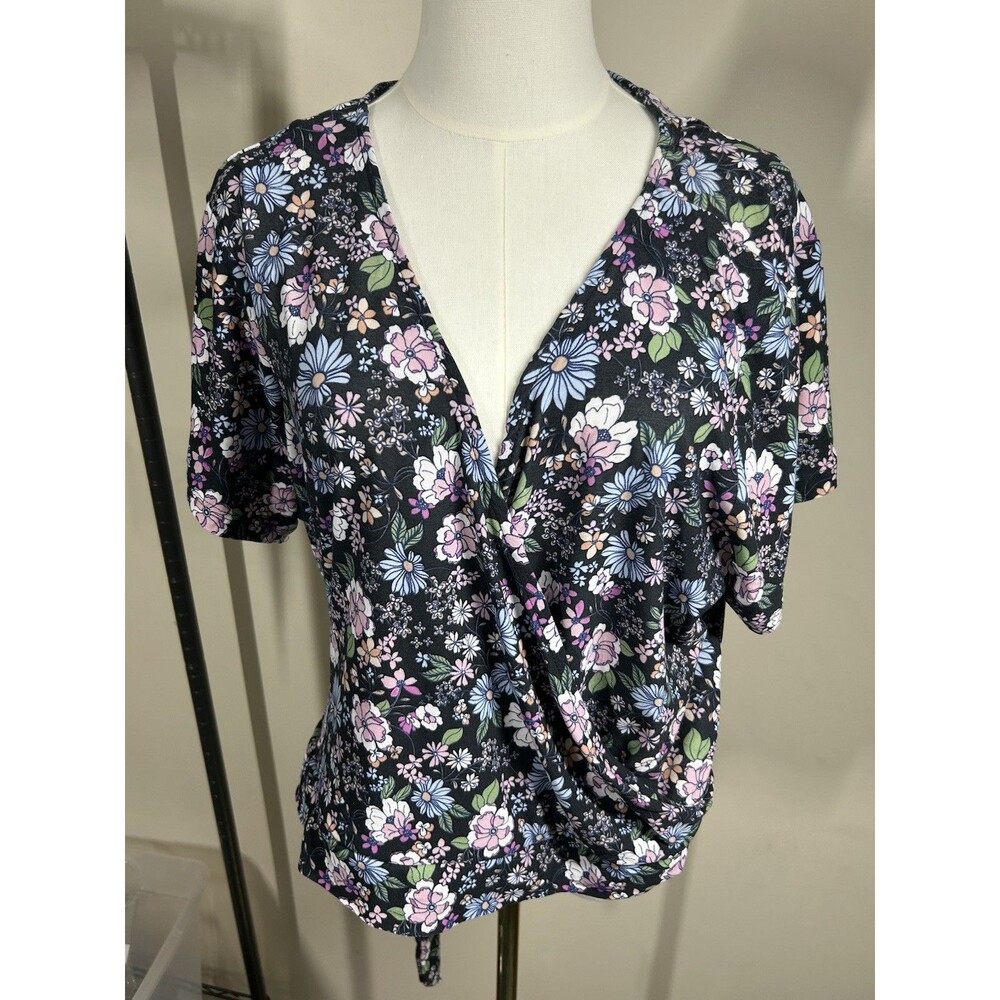 No Comment Womens Blouse Plus 3X Multicolor Floral Tie at Waist NEW  104